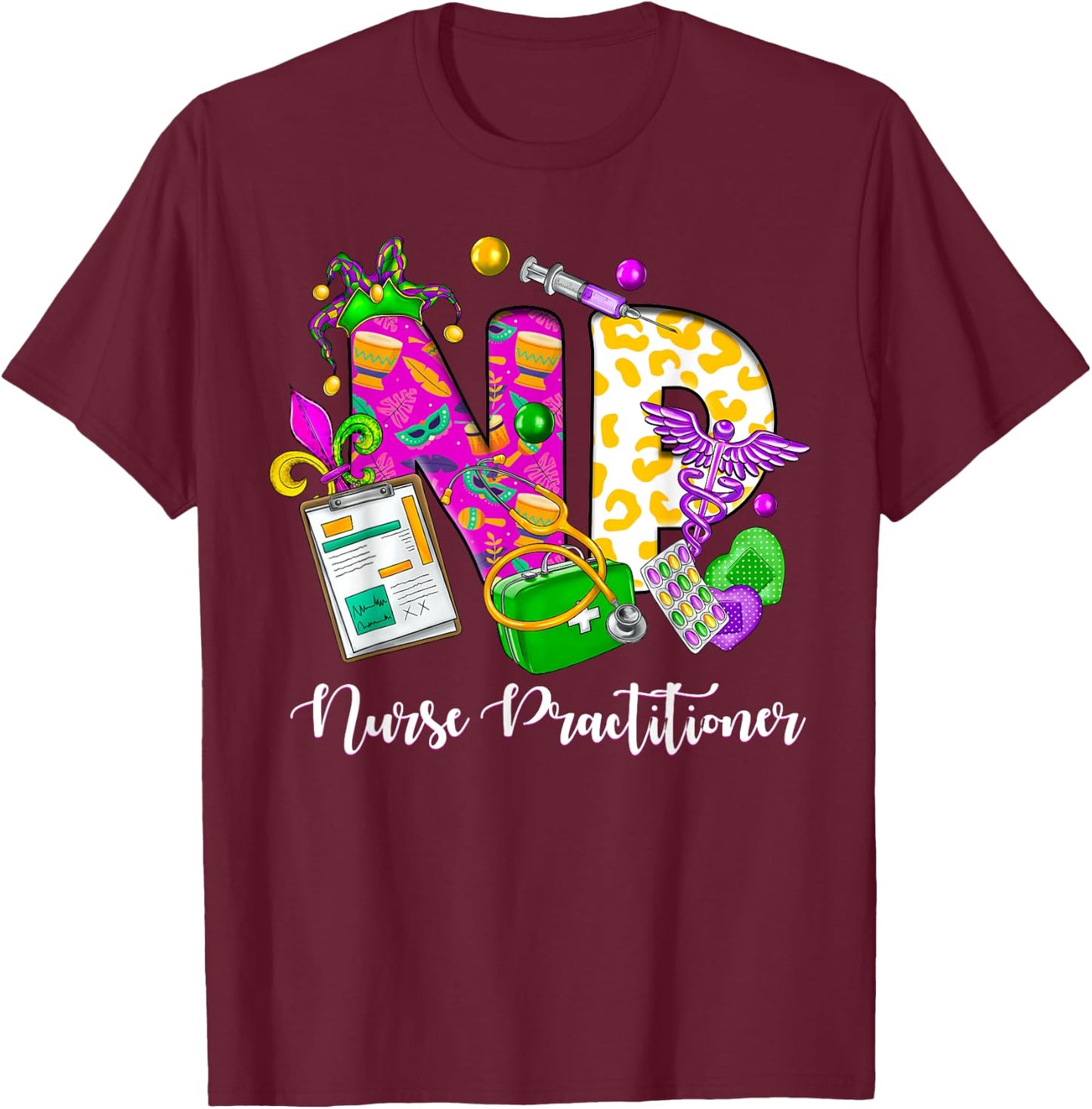 NP Nurse Practitioner Cute Mardi Gras Girl Women T-Shirt - T-Shirt | Maroon