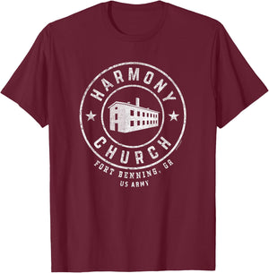 GS Military Designs - Harmony Church - Fort Benning, GA Retro - Black - Small - -Adults - Military Personnel, Veterans, Fort Benning Alumni, Adults with Military History Interest T-Shirt - T-Shirt | Maroon
