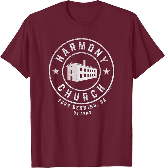 GS Military Designs - Harmony Church - Fort Benning, GA Retro - Black - Small - -Adults - Military Personnel, Veterans, Fort Benning Alumni, Adults with Military History Interest T-Shirt - T-Shirt | Maroon
