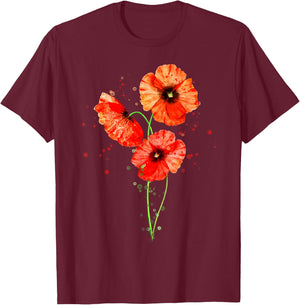 Red Poppies Watercolor Painting Botanical Flower Art T-Shirt - T-Shirt | Maroon