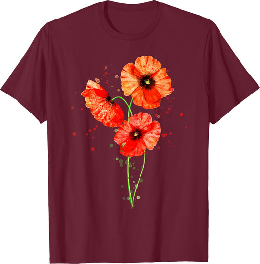 Red Poppies Watercolor Painting Botanical Flower Art T-Shirt - T-Shirt | Maroon