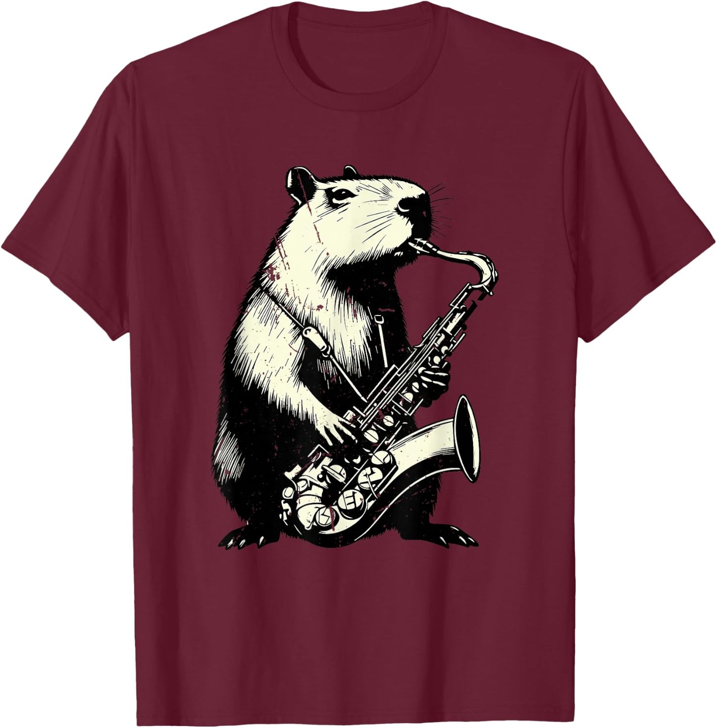 Wind Instrument Saxophonist Capybara Playing Saxophone T-Shirt - T-Shirt | Maroon