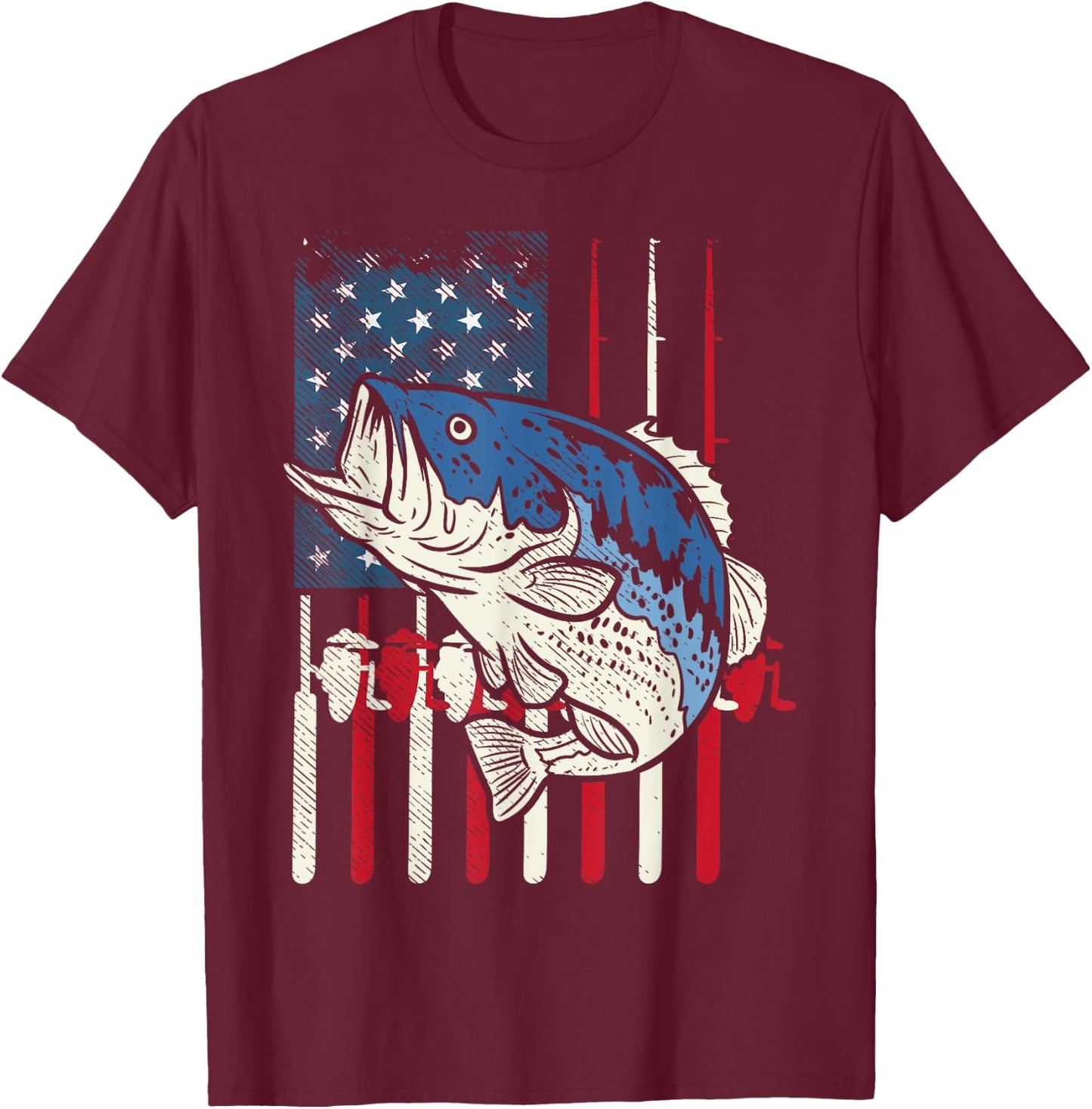 Bass Fish US American Flag Patriotic Fishing Fisherman Gift T-Shirt - T-Shirt | Maroon