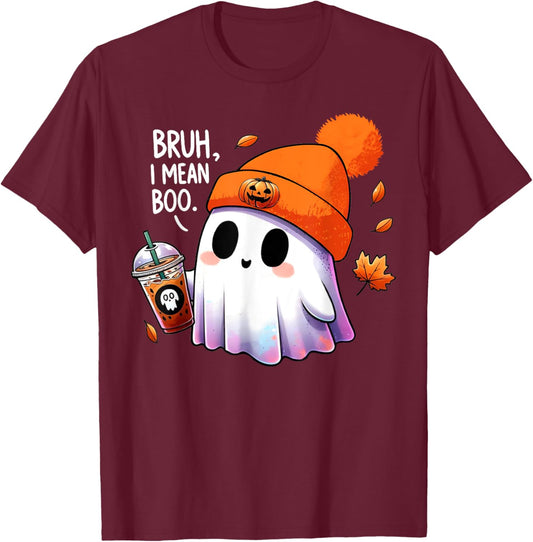 Bruh, I Mean Boo Cute Halloween Ghost Drinking Latte Coffee T-Shirt - T-Shirt | Maroon