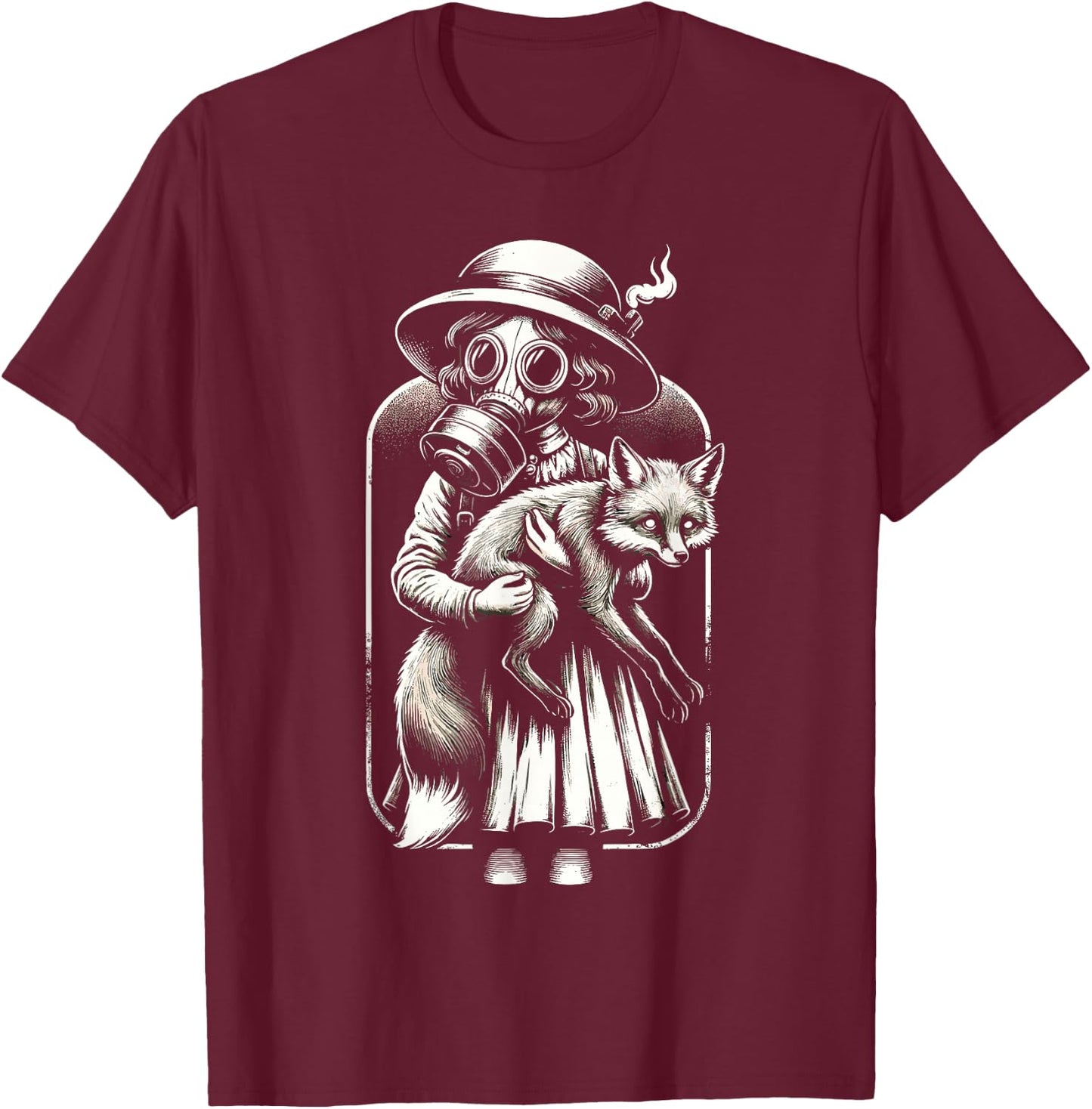 Creepy vintage girl wearing a gas mask and holding a fox T-Shirt - T-Shirt | Maroon