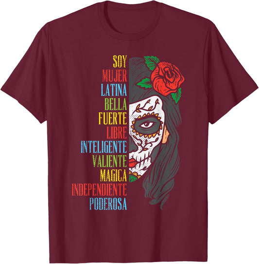 Soy Mujer Latina Sugar Skull Women Cinco De Mayo Hispanic T-Shirt - T-Shirt | Maroon