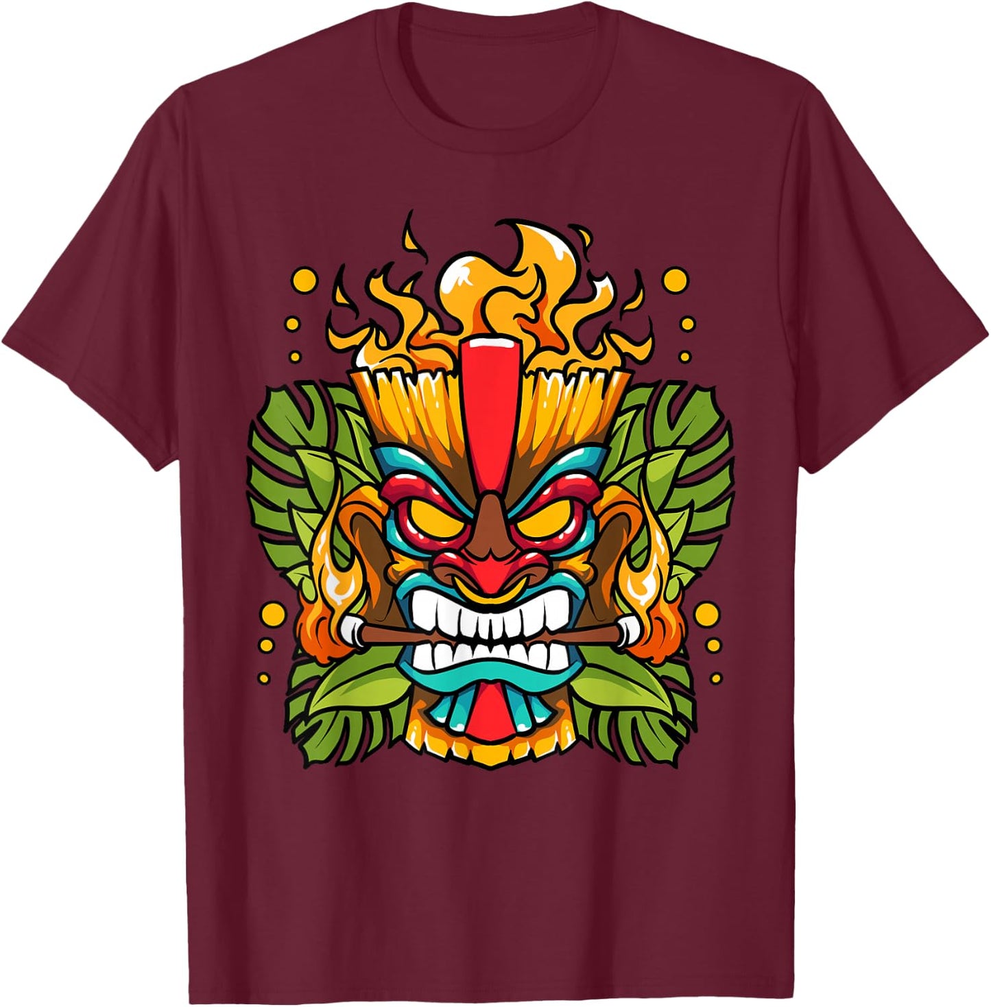 Hawaiian Tiki Mask Fire Totem God Of The Luau T-Shirt - T-Shirt | Maroon