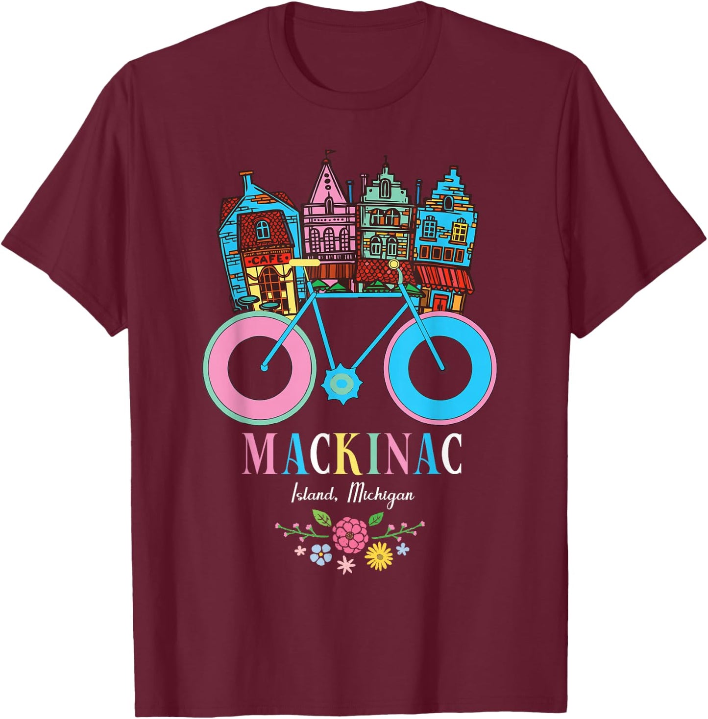 Mackinac Island Michigan Retro Bike Art T-Shirt - T-Shirt | Maroon
