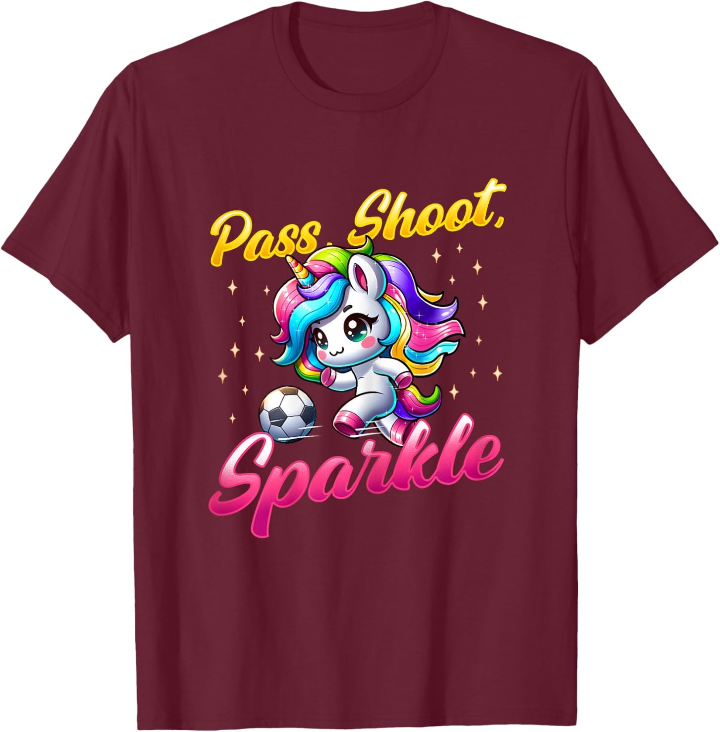 Pass Shoot Sparkle Soccer Player Unicorn Women Girls T-Shirt - T-Shirt | Maroon