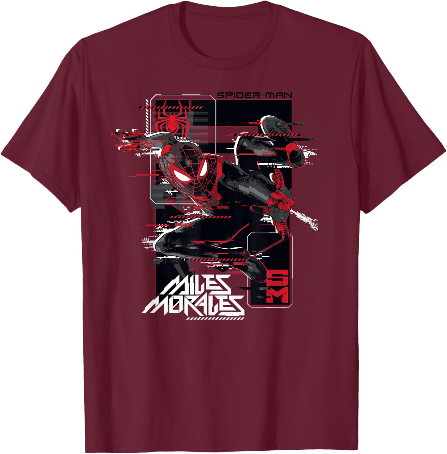 Marvel Spider-Man: Miles Morales Action Shot Glitch T-Shirt - T-Shirt | Maroon