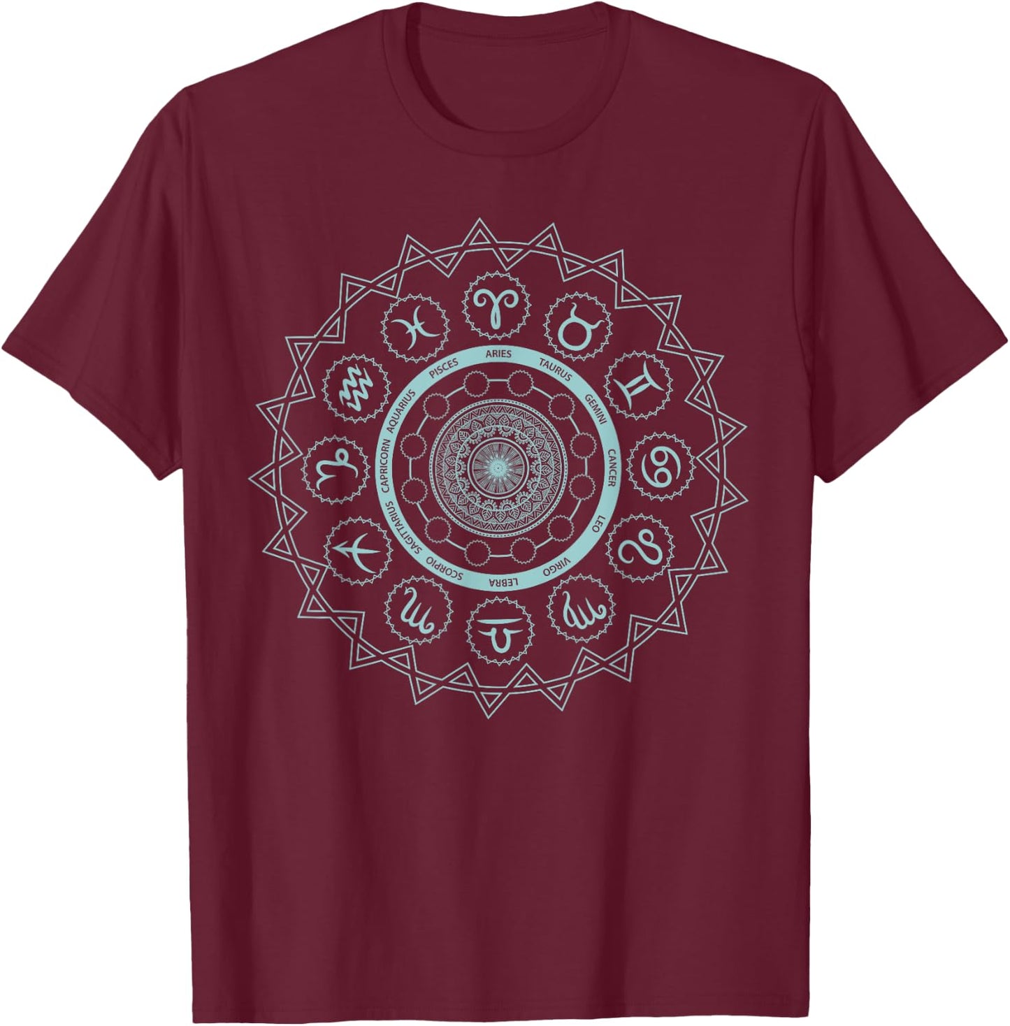 12 Horoscope Sign Zodiac Astrology Zen Spiritual Mandala T-Shirt - T-Shirt | Maroon