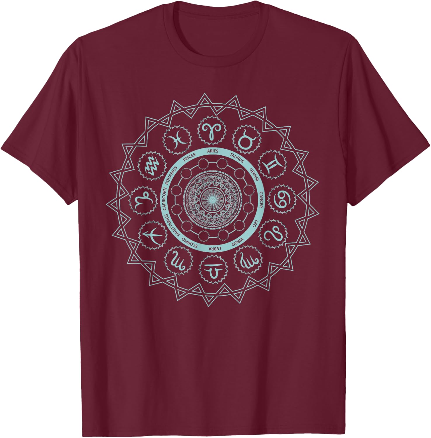 12 Horoscope Sign Zodiac Astrology Zen Spiritual Mandala T-Shirt - T-Shirt | Maroon