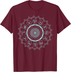 12 Horoscope Sign Zodiac Astrology Zen Spiritual Mandala T-Shirt - T-Shirt | Maroon