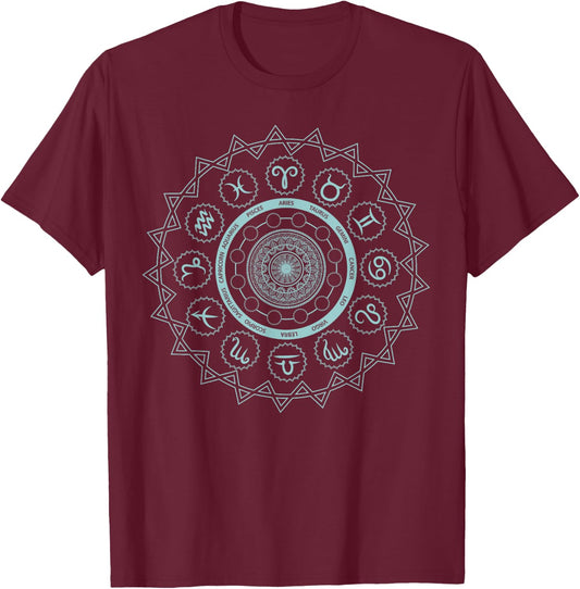 12 Horoscope Sign Zodiac Astrology Zen Spiritual Mandala T-Shirt - T-Shirt | Maroon