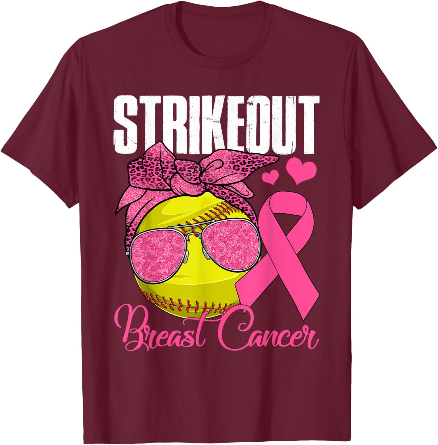 Strike Out Breast Cancer Softball Ball & Pink Ribbon Women T-Shirt - T-Shirt | Maroon