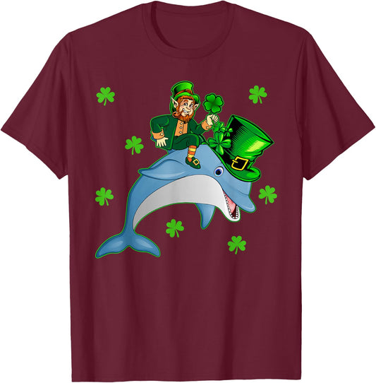 Lucky Dolphin Leprechaun Riding Dolphin St. Patrick's Day T-Shirt - T-Shirt | Maroon