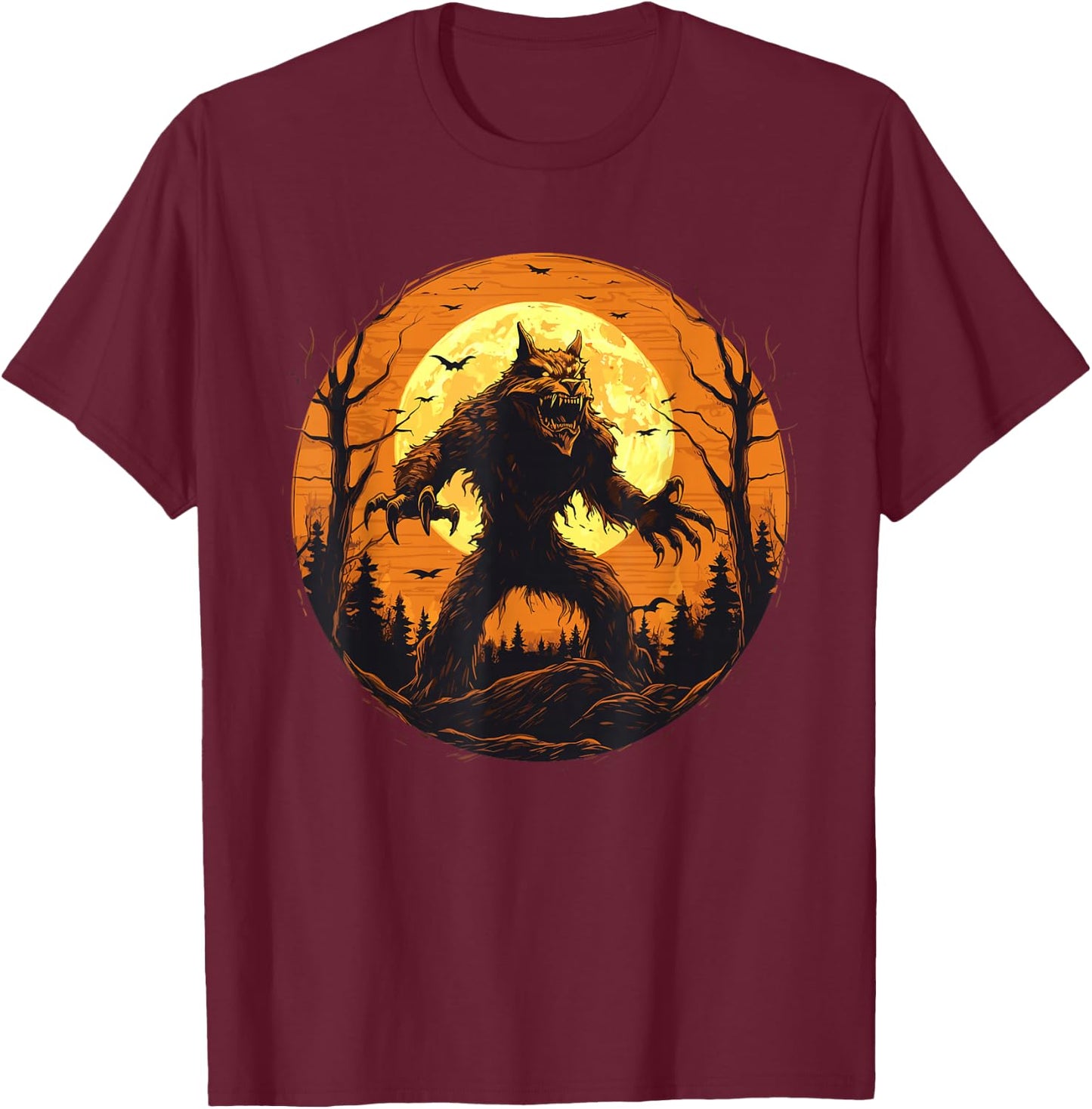 Halloween Werewolf Howling Full Moon Bats Spooky Graphic T-Shirt - T-Shirt | Maroon