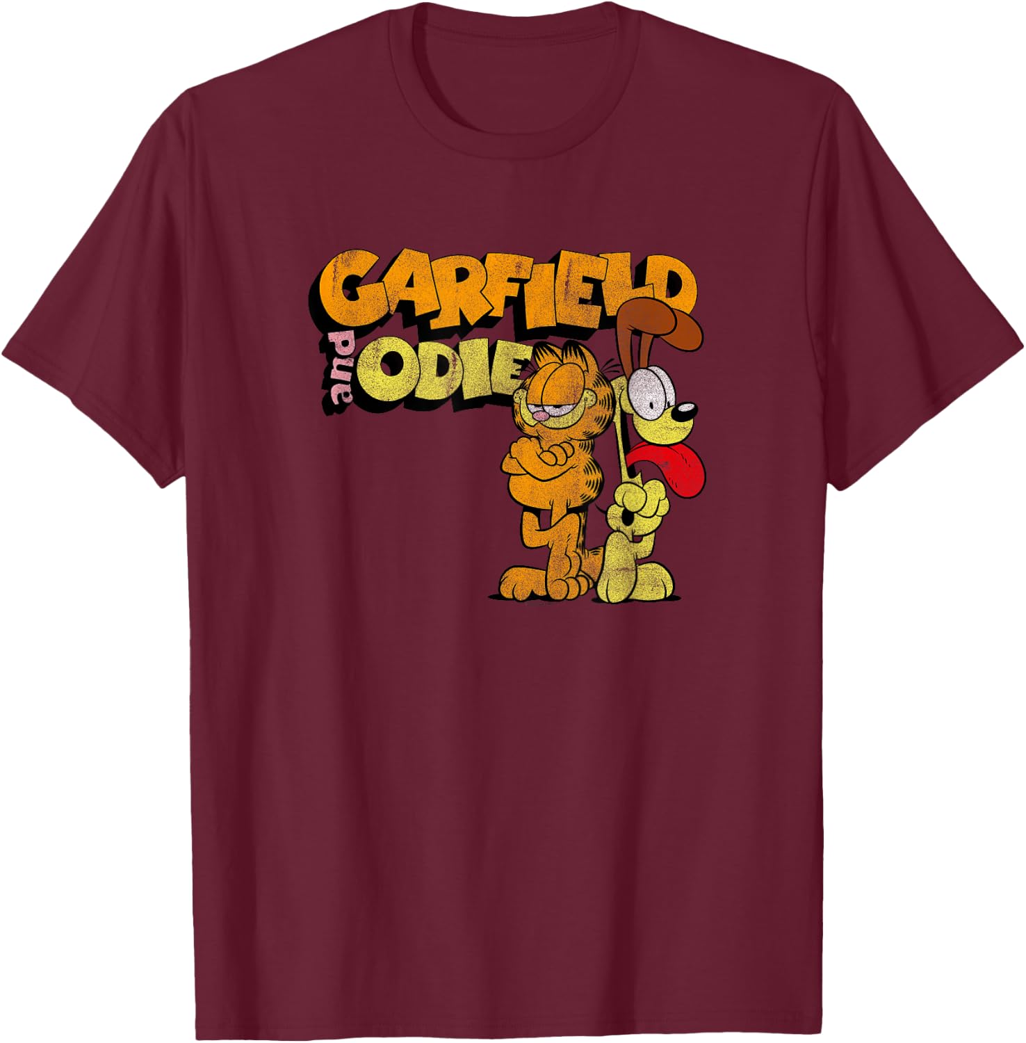 Garfield Distressed Garfield and Odie Cartoon Cat T-Shirt - T-Shirt | Maroon