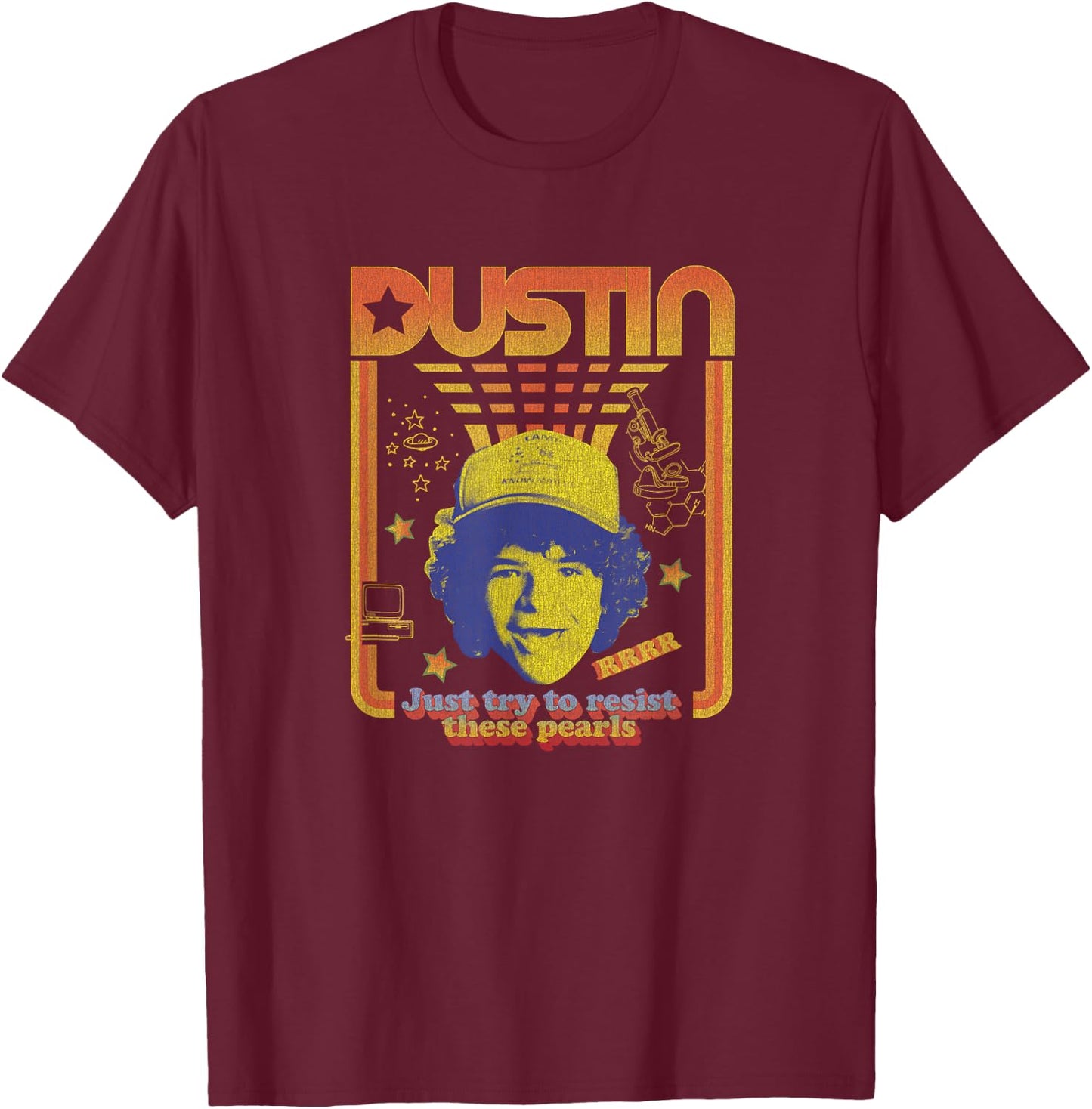 Stranger Things Dustin Floating Head Resist The Pearls Star T-Shirt - T-Shirt | Maroon