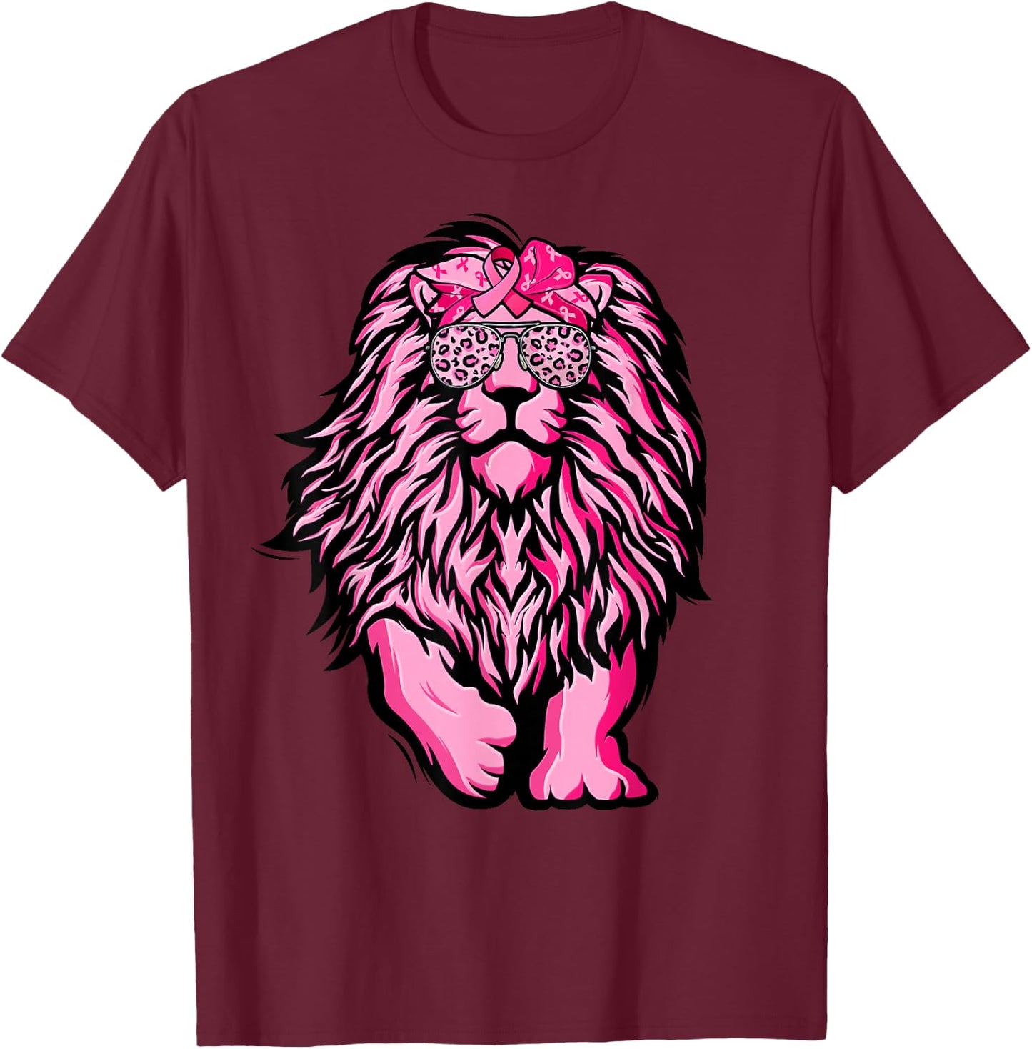 Lion Pink Bandana Ribbon Breast Cancer Awareness Warrior T-Shirt - T-Shirt | Maroon