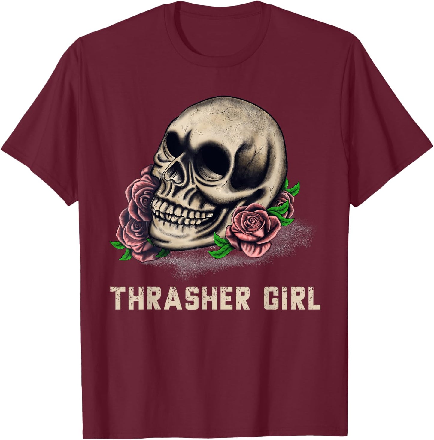 Thrasher Girl Thrasher Head Skull and Roses Graphic T-Shirt - T-Shirt | Maroon