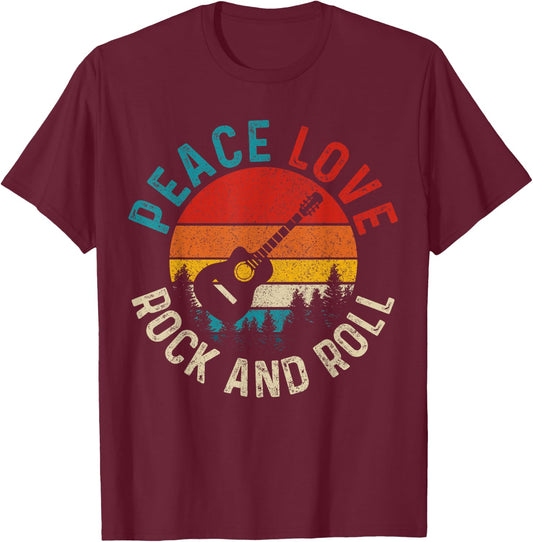 Peace Love & Rock & Roll Guitar Player Guitarist Vintage T-Shirt - T-Shirt | Maroon