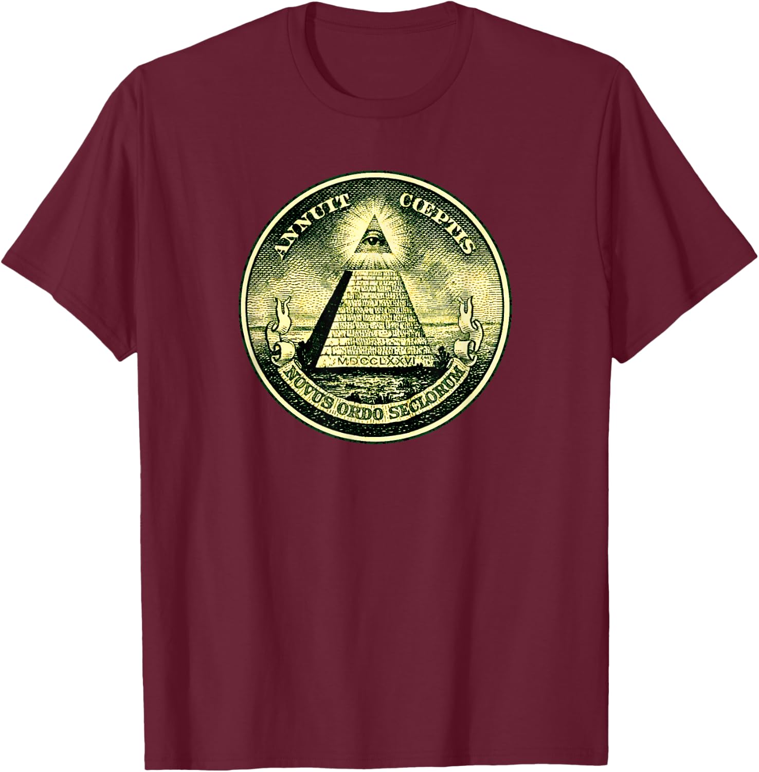 Dollar, all-seeing eye, symbol, masonic, pyramid, triangle T-Shirt - T-Shirt | Maroon