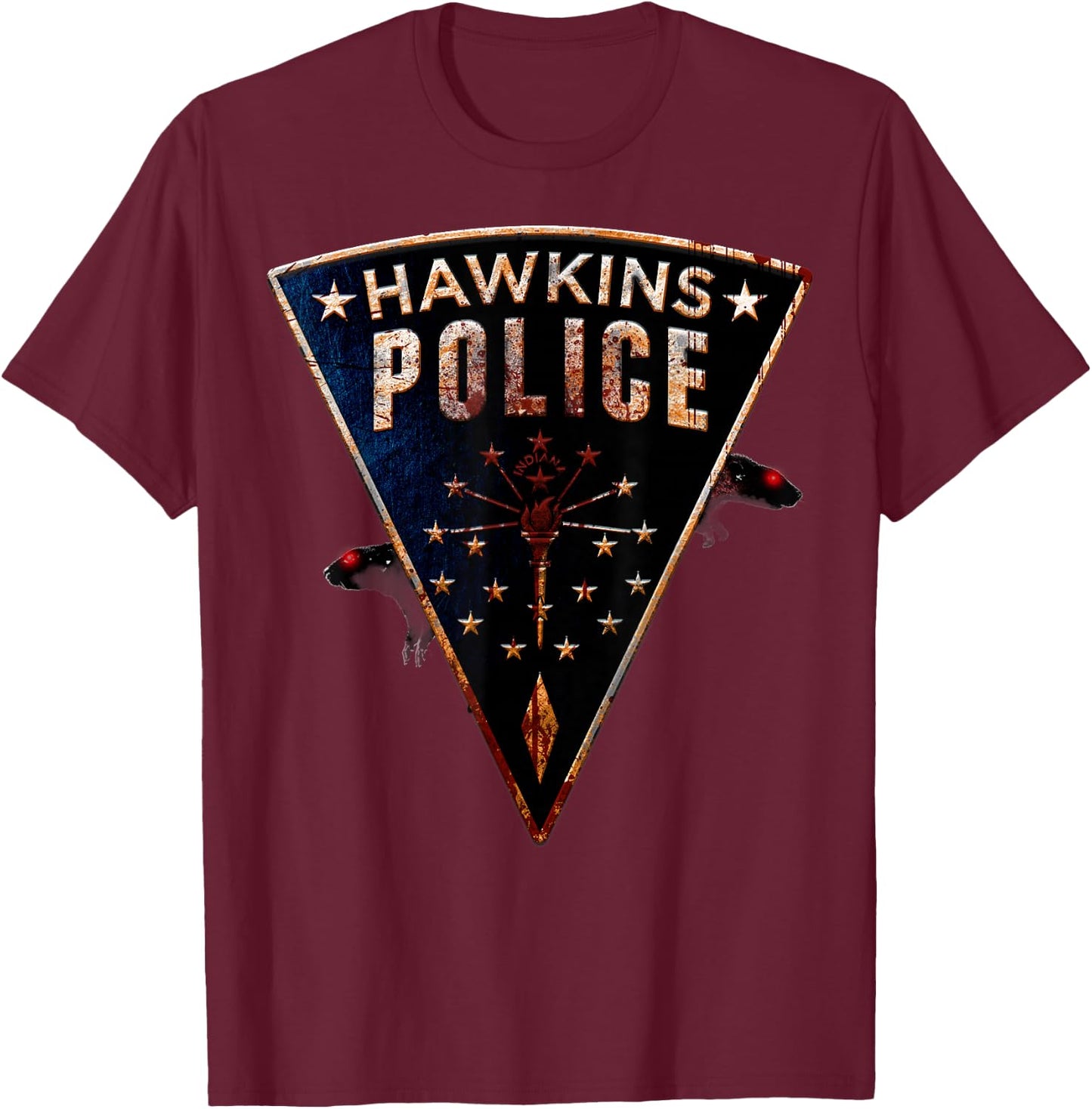Netflix Stranger Things Hawkins Police Rats Patch T-Shirt - T-Shirt | Maroon