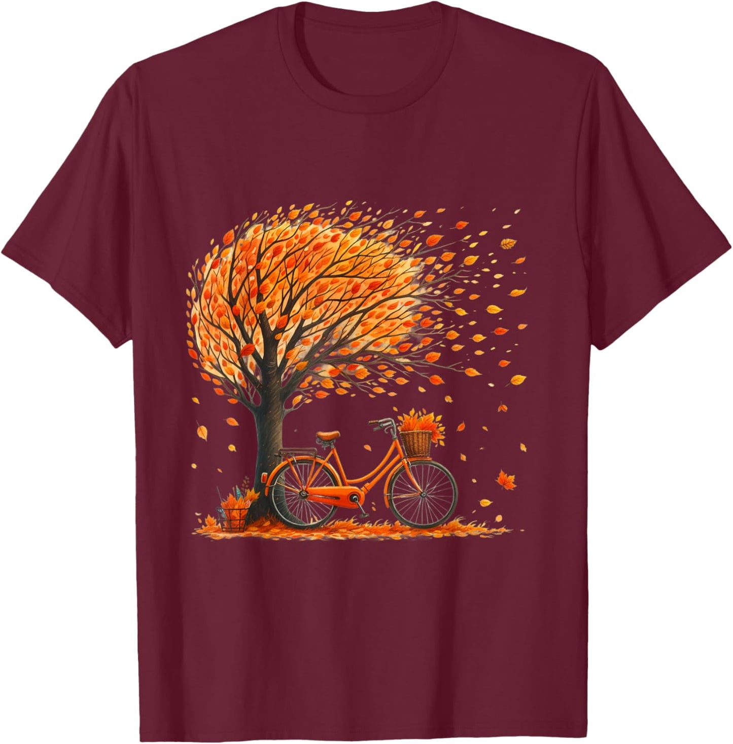 Retro Fall Leaves Tree Bicycle Autumn Season Fall Foliage T-Shirt - T-Shirt | Maroon