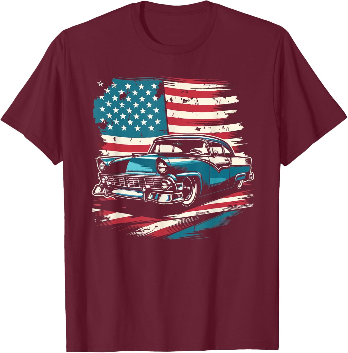 Vintage Classic Car American Flag 4th of July Patriotic T-Shirt - T-Shirt | Maroon