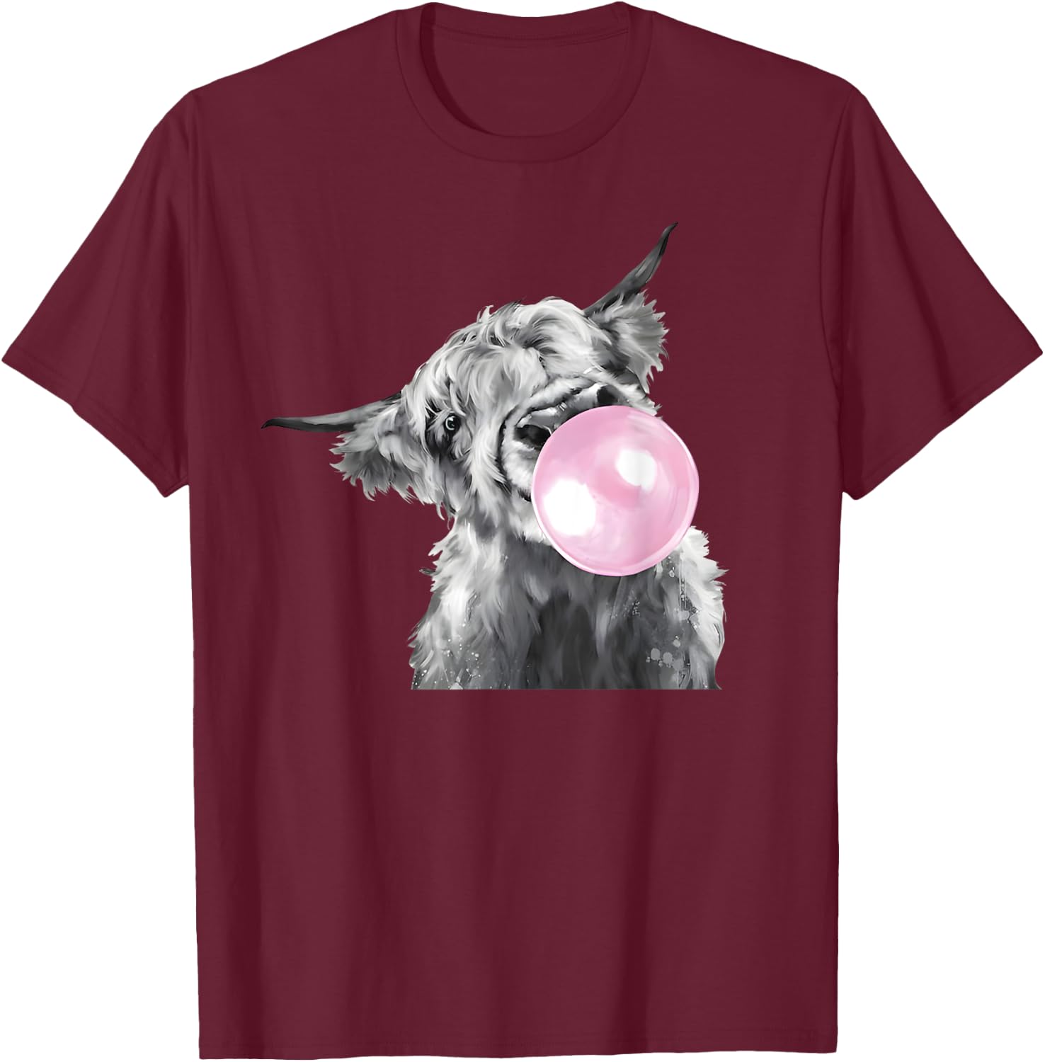 Cute Highland Cow With Bubblegum White And Black Western T-Shirt - T-Shirt | Maroon