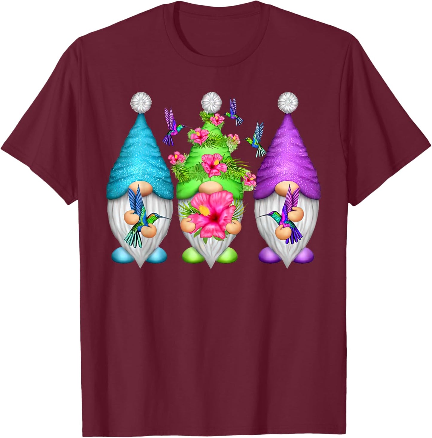 Cute Gnomes Hummingbirds Hibiscus Flower Bird Nature Lover T-Shirt - T-Shirt | Maroon
