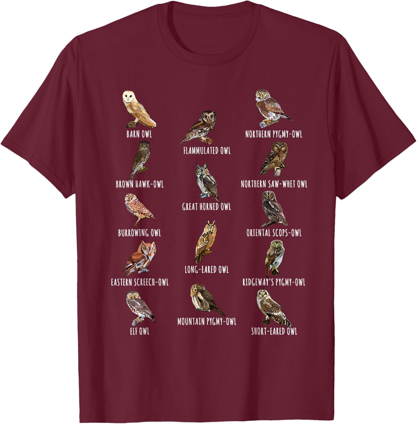 Different Owls Species Biology Types Of Owl Identification T-Shirt - T-Shirt | Maroon