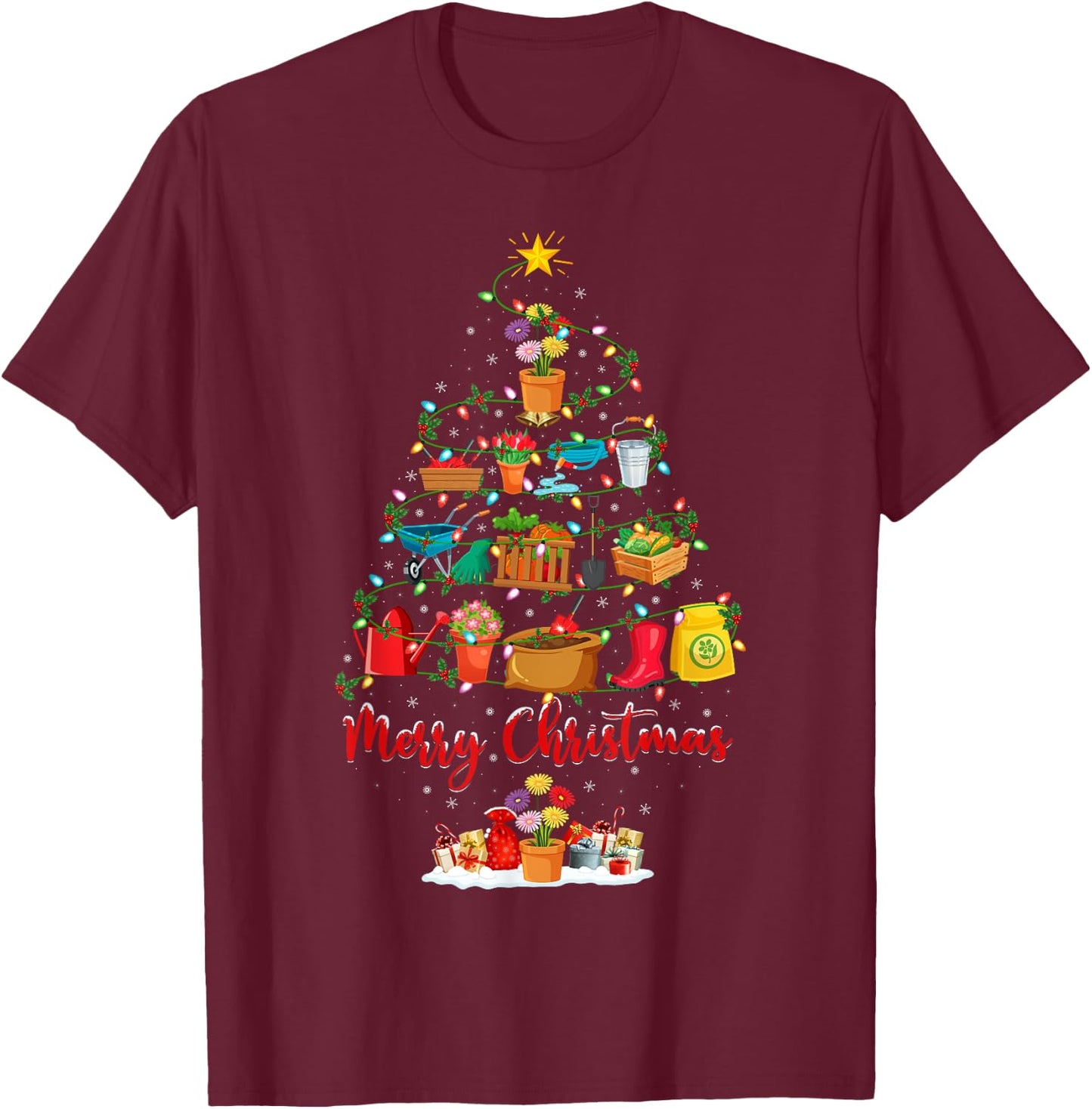 Garden Plant Xmas Lighting Santa Gardening Christmas Tree T-Shirt - T-Shirt | Maroon