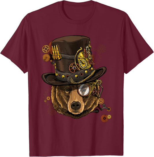 Steampunk Gears Grizzly Bear Face Zoo Animal Bear Lovers T-Shirt - T-Shirt | Maroon