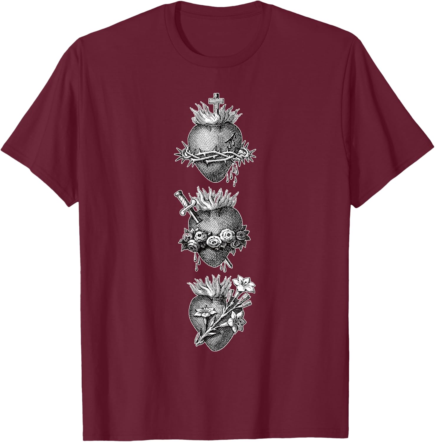Sacred Hearts of Jesus The Virgin Mary and Saint Joseph T-Shirt - T-Shirt | Maroon