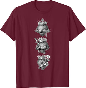 Sacred Hearts of Jesus The Virgin Mary and Saint Joseph T-Shirt - T-Shirt | Maroon