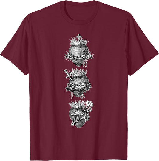 Sacred Hearts of Jesus The Virgin Mary and Saint Joseph T-Shirt - T-Shirt | Maroon