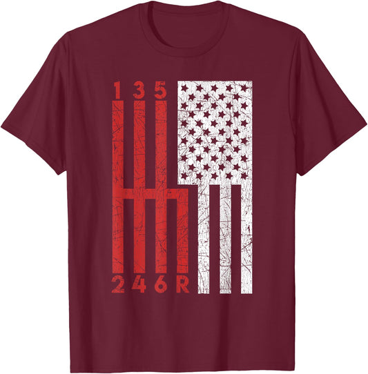 Funny Stick Shift USA Flag Muscle Car 6 Gears Mechanic Gift T-Shirt - T-Shirt | Maroon