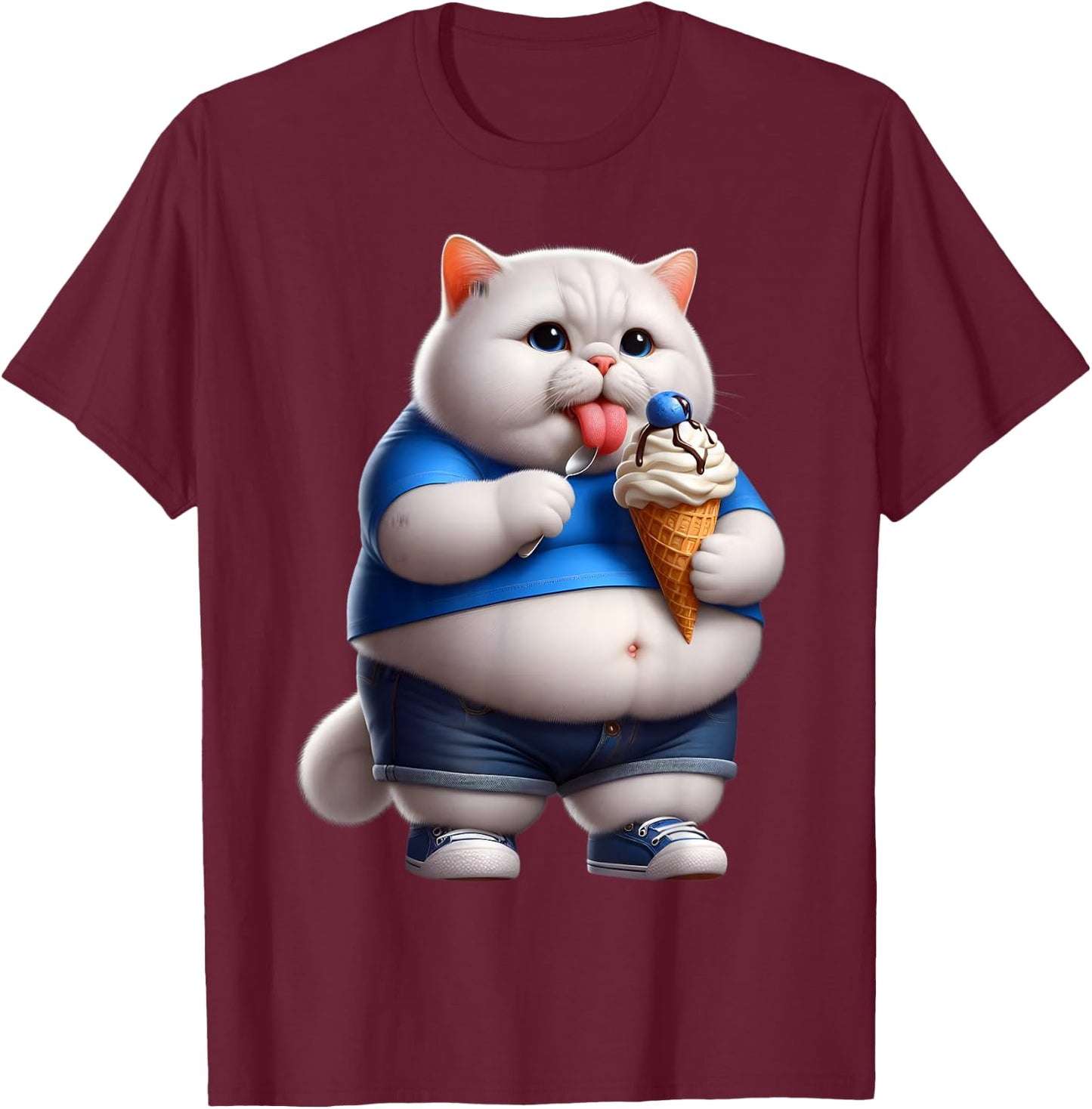 Funny Fat Cat Men Women Kids Ice Cream Fat Kitten Cat Lover T-Shirt - T-Shirt | Maroon