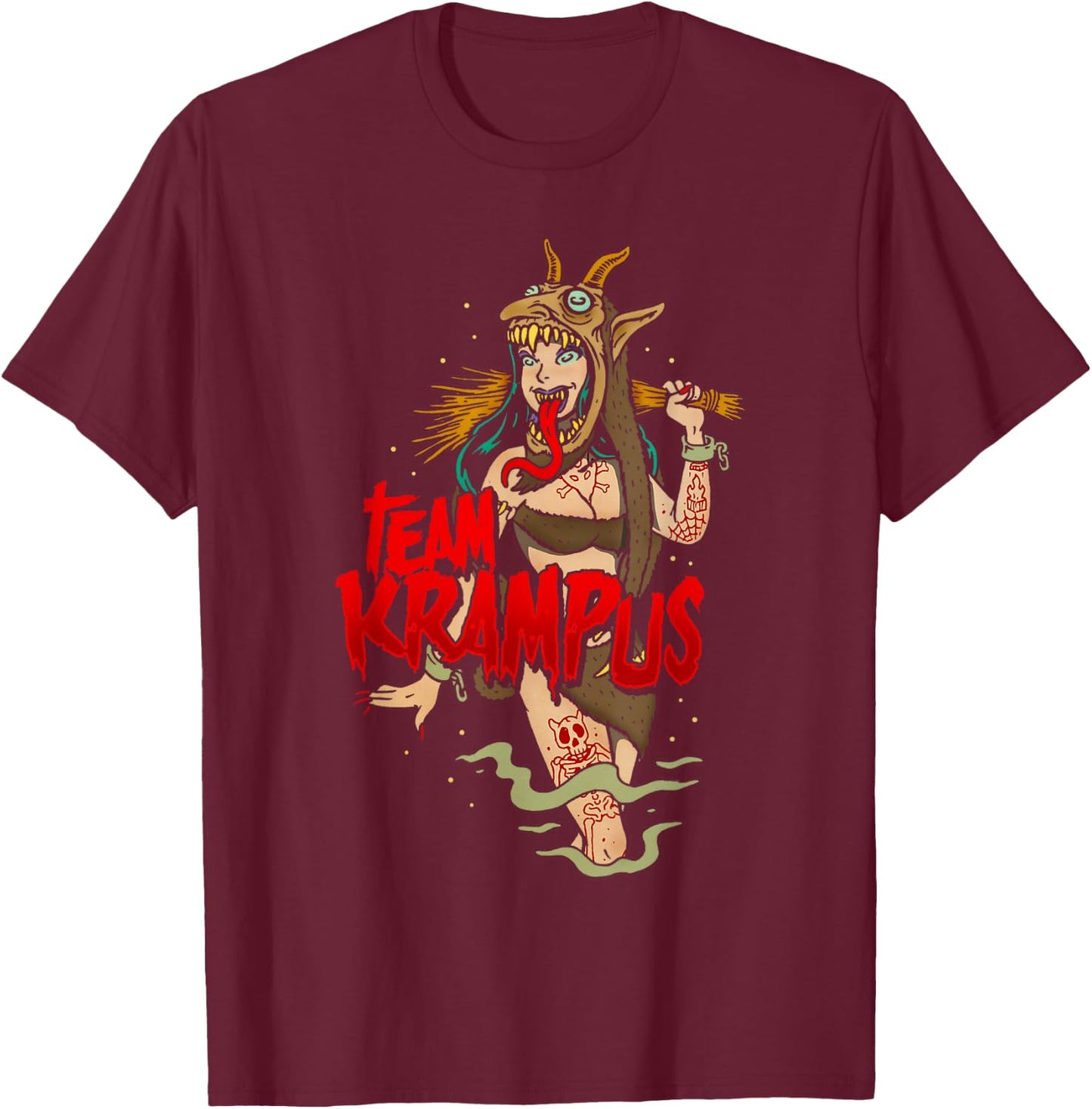 Team Krampus Pinup Goth Emo Girl Christmas T-Shirt - T-Shirt | Maroon