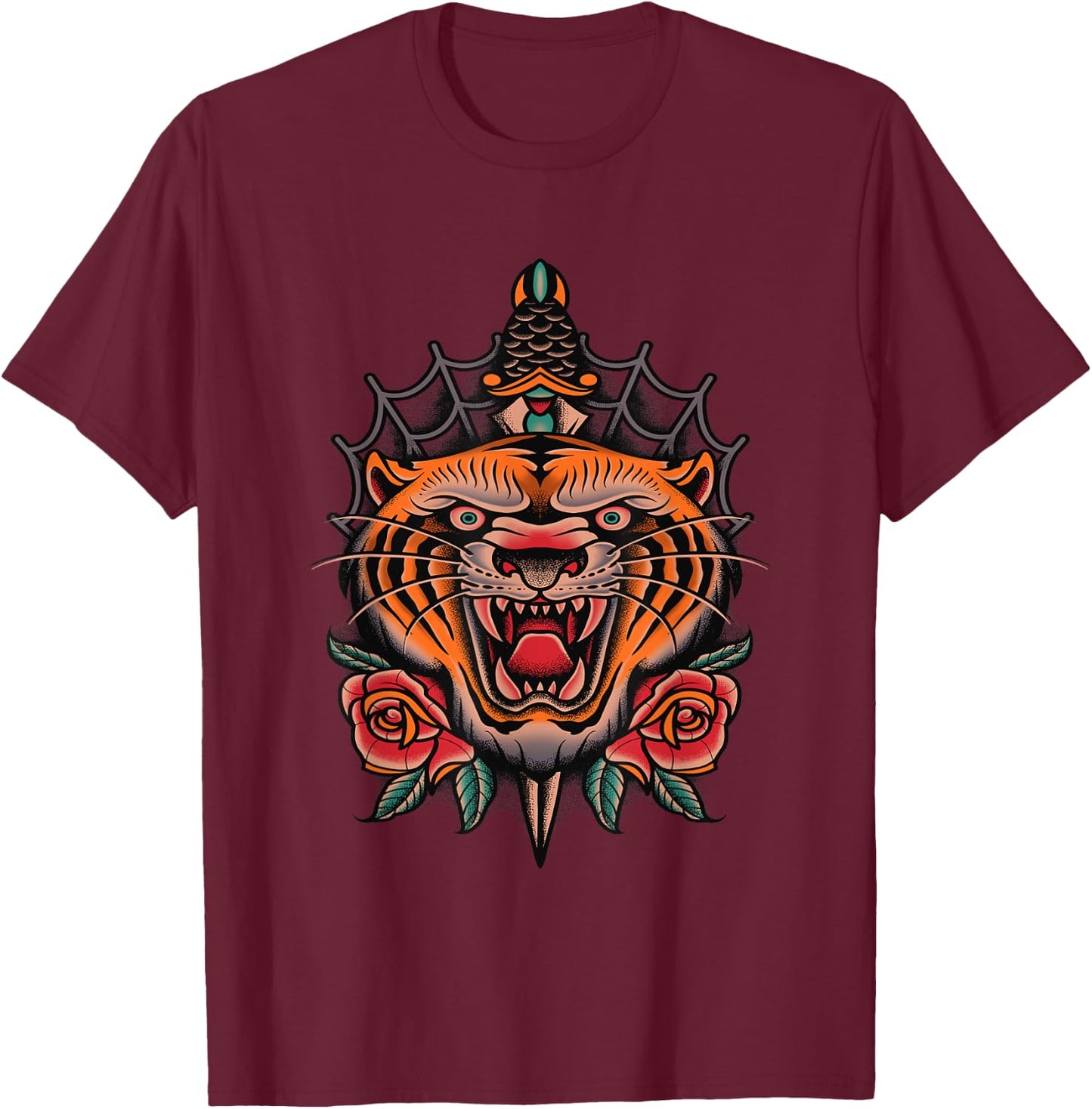 American Traditional Tiger Tattoo T-Shirt - T-Shirt | Maroon