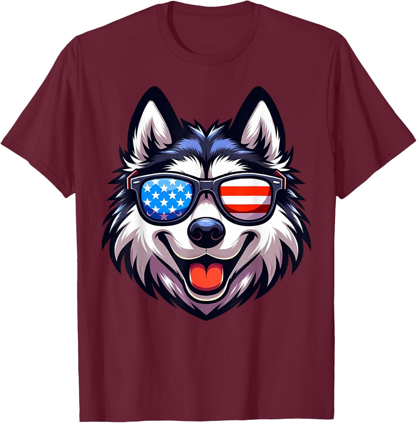Husky Patriotic American Flag USA Sunglasses Dog Men Women Kids T-Shirt - T-Shirt | Maroon