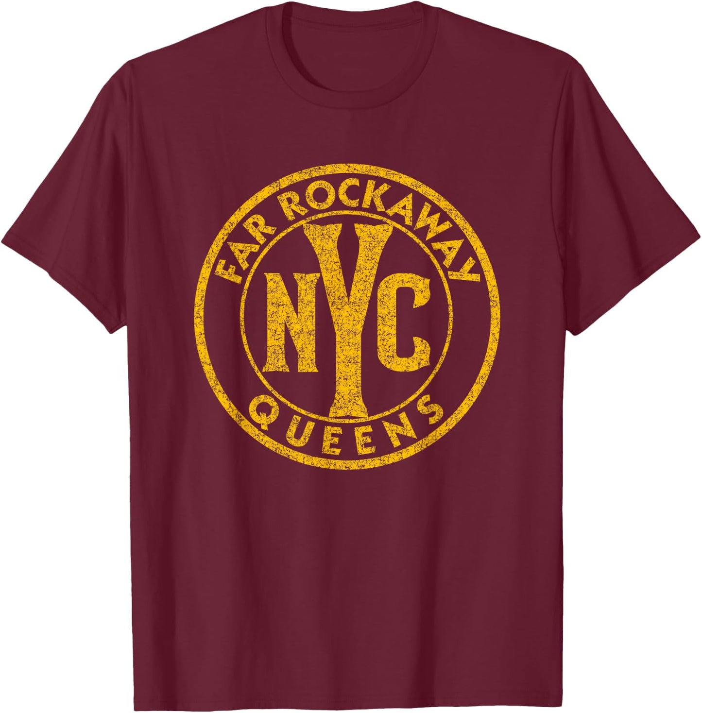 Far Rockaway Queens NYC Circle Sign Distressed Amber Print T-Shirt - T-Shirt | Maroon