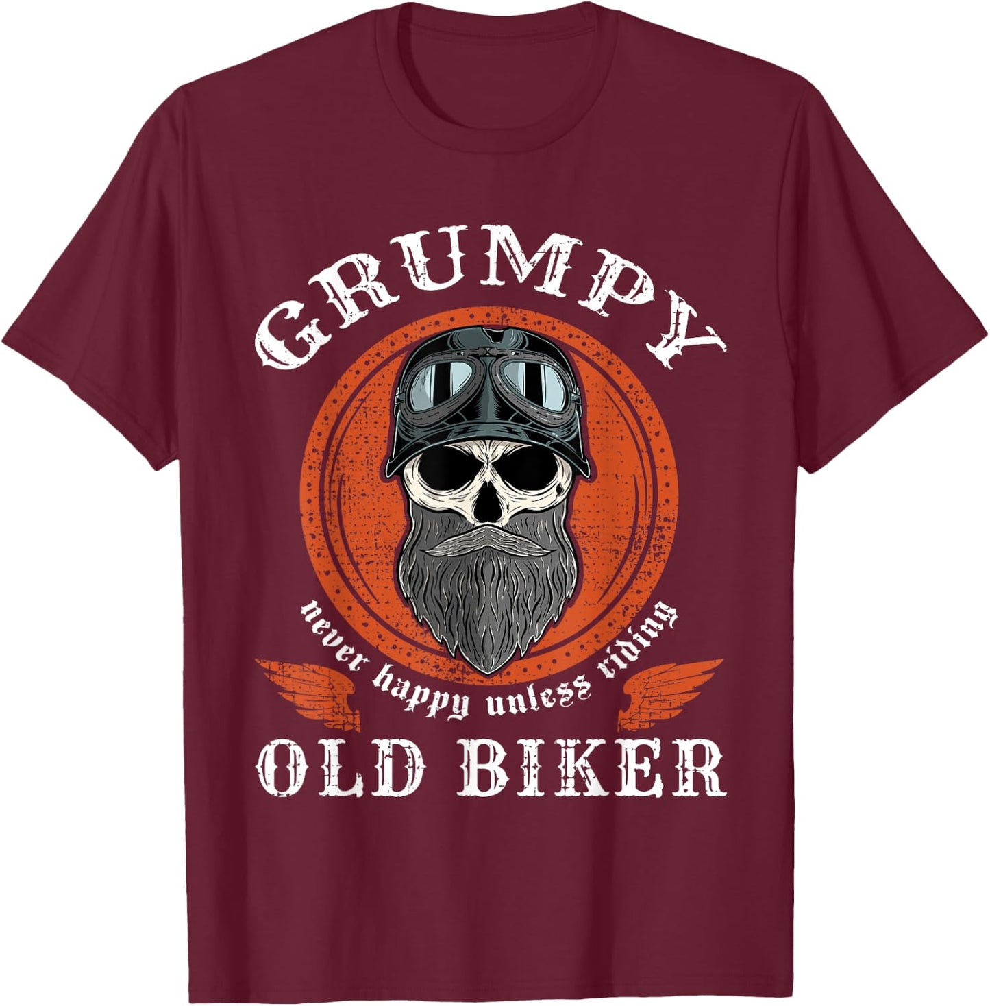 Vintage Grumpy Old Biker Skull With Beard Helmet Motorcycle T-Shirt - T-Shirt | Maroon