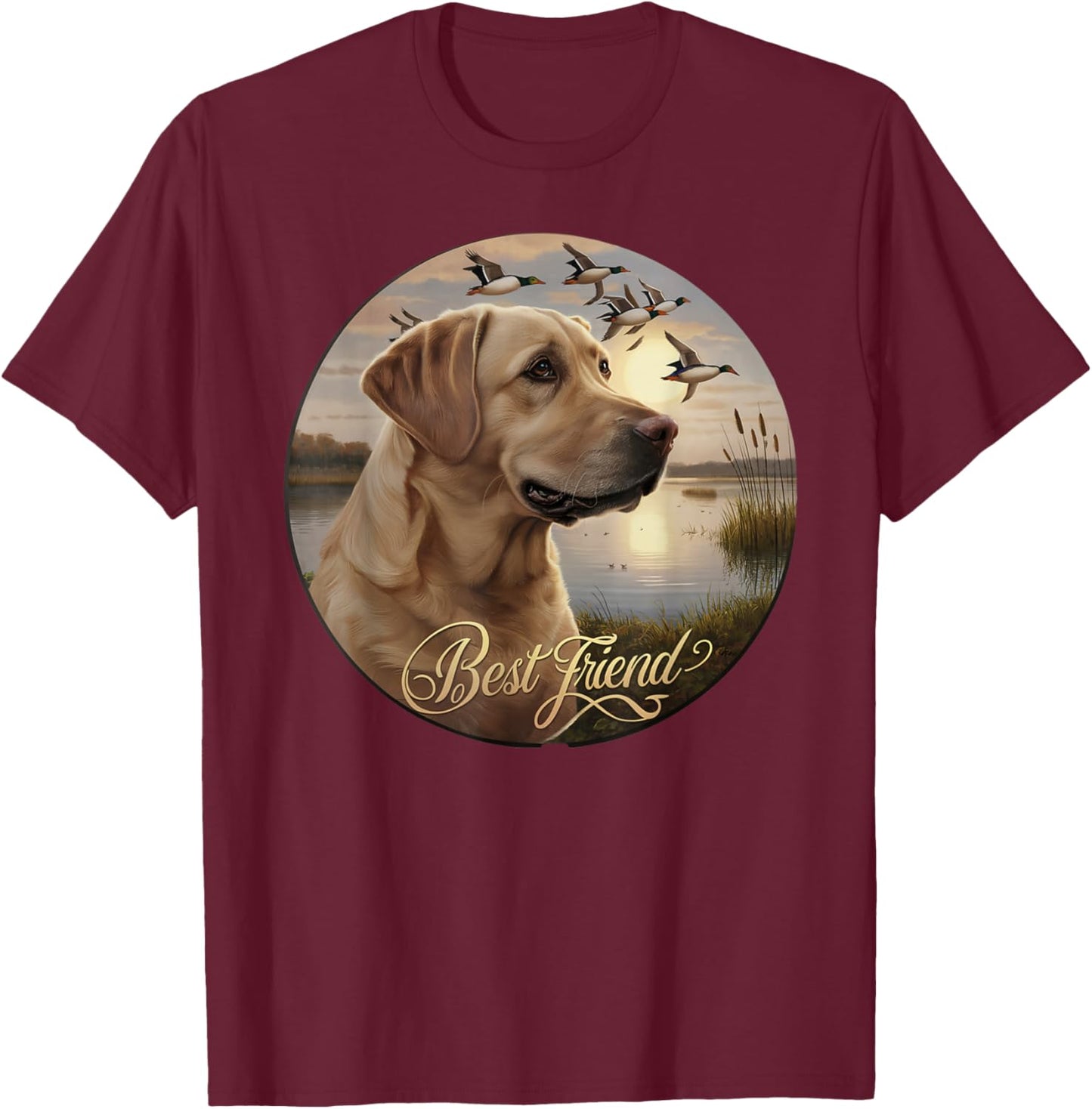 Best Friend Hunting Yellow Labrador Dog with Ducks and Geese T-Shirt - T-Shirt | Maroon