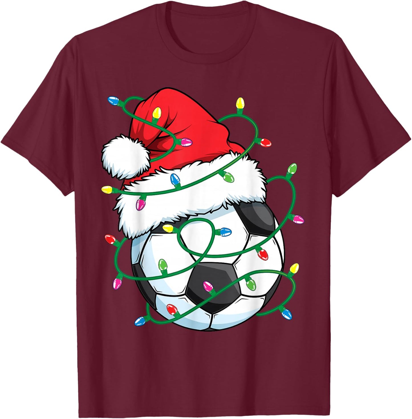 Santa Soccer Sports Ball Men Boys Christmas Xmas Lights T-Shirt - T-Shirt | Maroon
