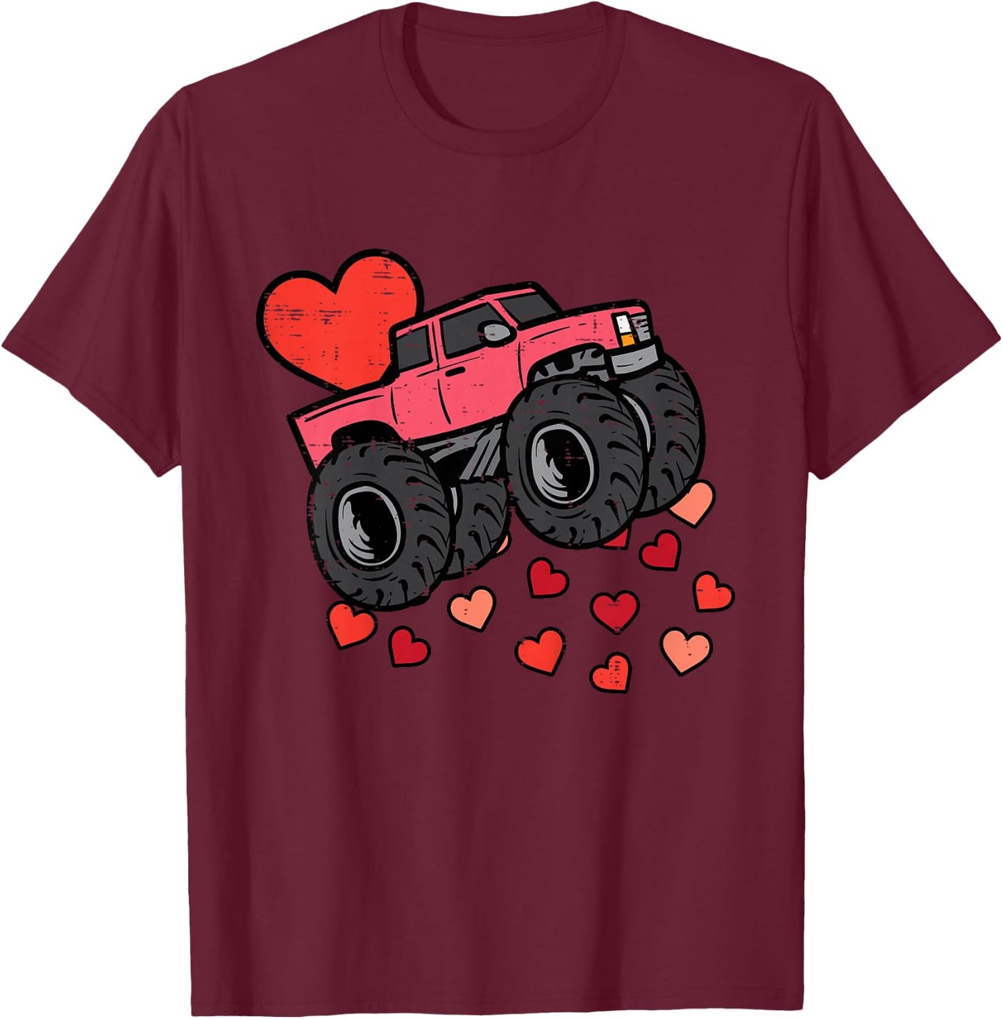 Kids Monster Truck Hearts Cool Valentines Day Toddler Boys Kids T-Shirt - T-Shirt | Maroon