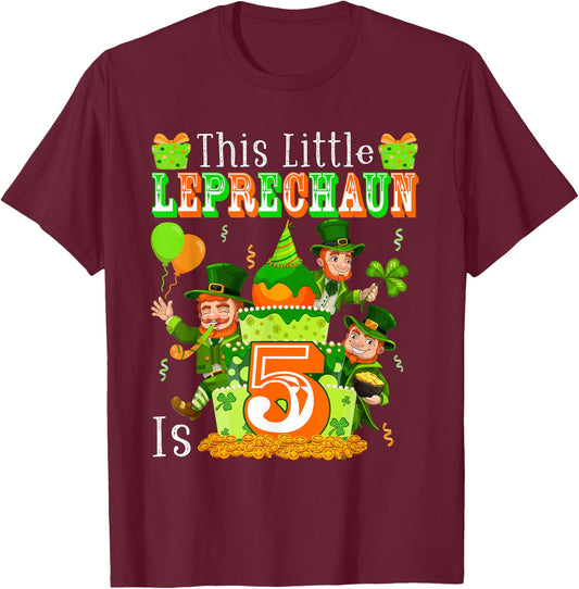 Little Leprechaun Is 5 St. Patrick's Day 5th Birthday Kids T-Shirt - T-Shirt | Maroon