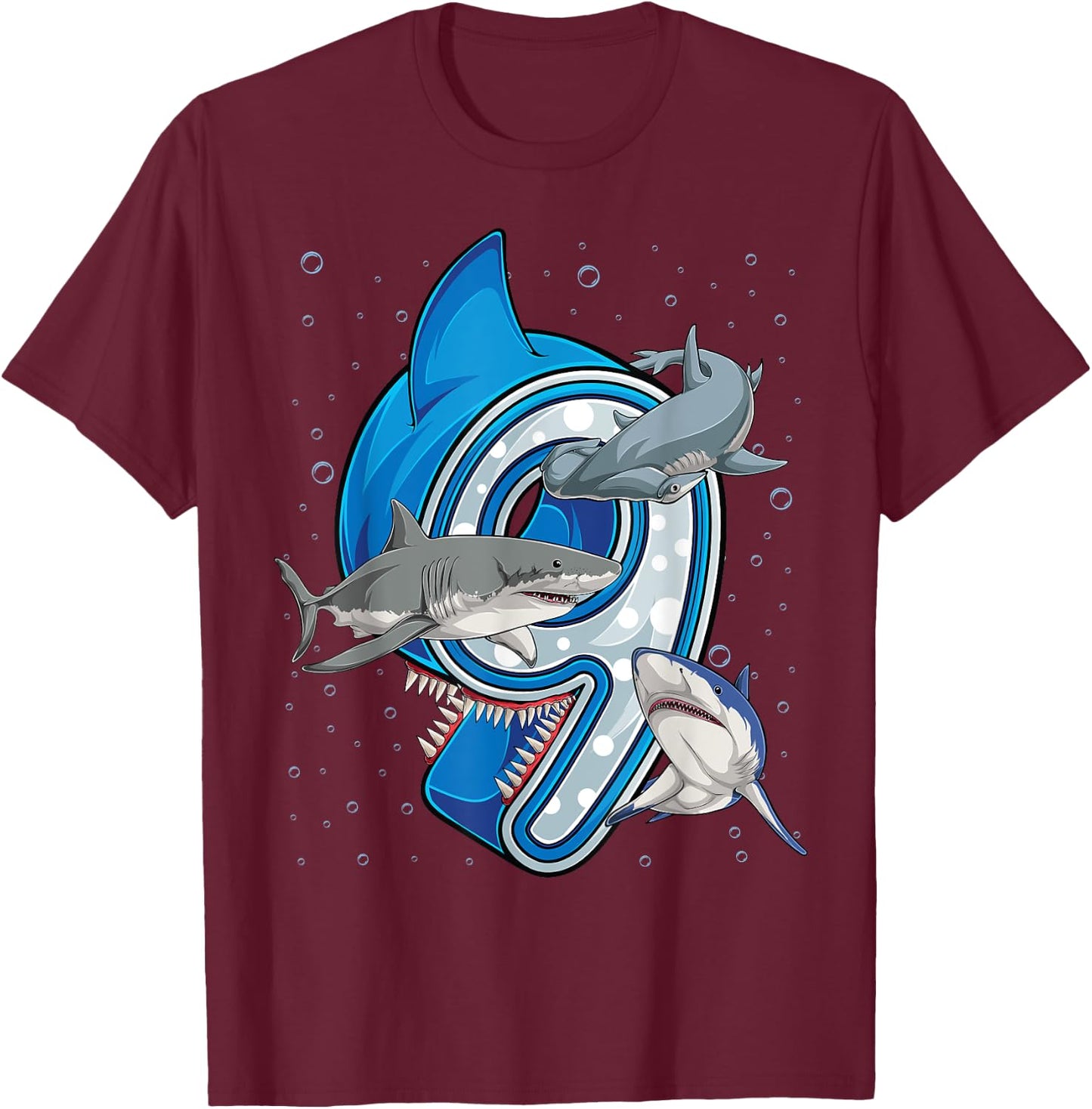 9th Birthday Boys Shark 9 years Old Ocean Shark B-day T-Shirt - T-Shirt | Maroon
